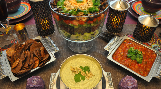 Tex-Mex Trifle Bowl Layered Dinner Salad Recipe with Creamy Cilantro Citrus Avocado Dressing (Gluten-Free & Vegan)