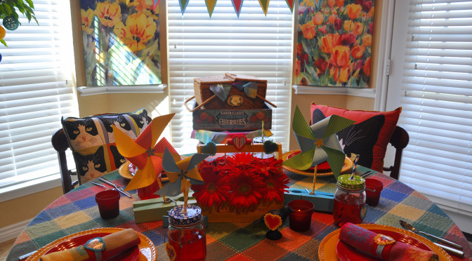 Colorful Indoor Picnic Party Tablescape Perfect for Rainy Days or Texas Temps!