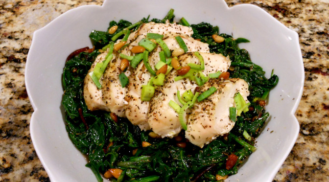 Sautéed Kale, Spinach, Chard & Pine Nuts with Herb Roasted Chicken Option (Allergy-Friendly Recipe)