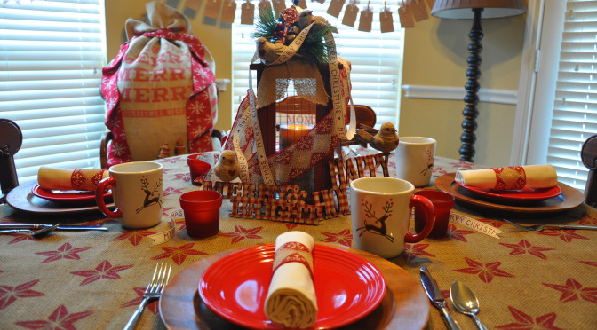 Create a Homespun Holiday of Barn Red & Burlap with Christmas Tablescape & Mantle Décor Ideas